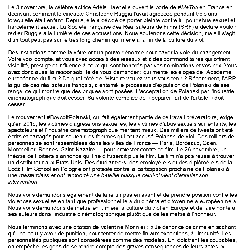 🎞️@EuroFilmAwards nous demandons la disqualification du dernier film de #Polanski de toutes les nominations pour les 32ème European Film Awards ce samedi 7 décembre à Berlin #LeViolCestPasDuCinéma