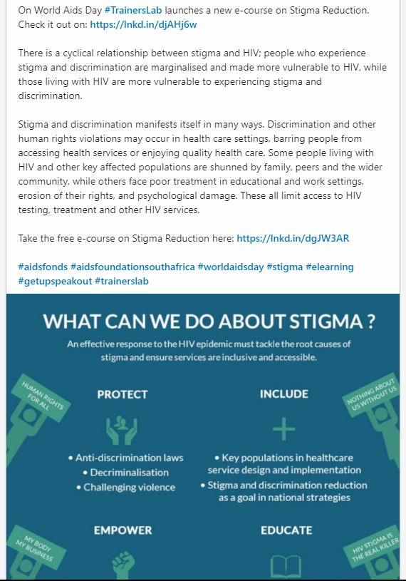 Aidsfonds_intl's tweet photo. On #WorldAIDSDay2019 #trainersLab launched a new e-course on #stigmareduction Check it out here https://t.co/eWv8uzcw5U There is a cyclical relationship between #stigma & #HIV. Take the free e-course on Stigma Reduction https://t.co/1N56RfJiOx https://t.co/7urCwRLF2P