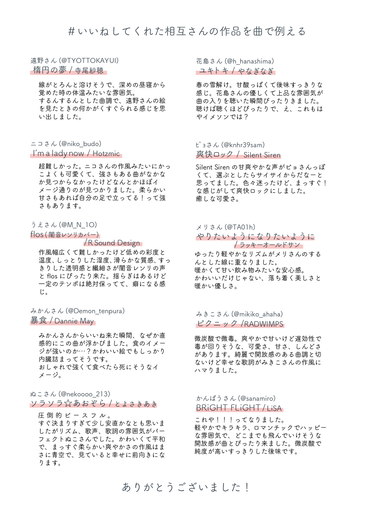 さくまるげ Saku いいねしてくれた相互さんの作風を曲で例える タグ反応ありがとうございました めっちゃ真剣に考えてしまった 全部好きな曲なのでぜひ聴いてみてね T Co danppyus Twitter