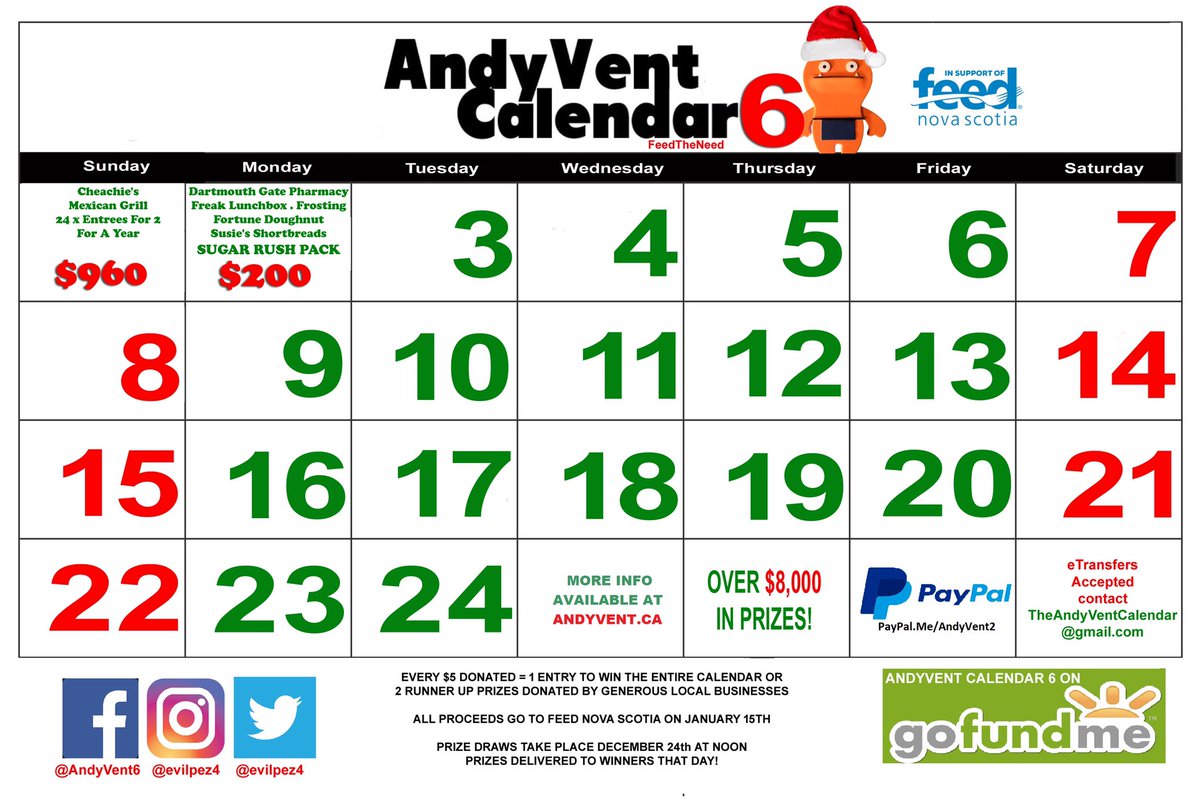 DAY 2🎅🏻
$200 SUGAR RUSH PACK from
<a href="/dgguardian/">Guardian, Dartmouth</a> 
<a href="/susieshalifax/">Susie's Shortbreads</a> 
@Freak_Lunchbox 
@NSFrosting 
<a href="/FortuneDoughnu1/">Fortune Doughnut</a> 
Chocolate, candy, carbs, oh my!
Every $5 donated = 1 entry to win entire calendar while supporting  @feednovascotia 
More info at AndyVent.ca
#FeedTheNeed
