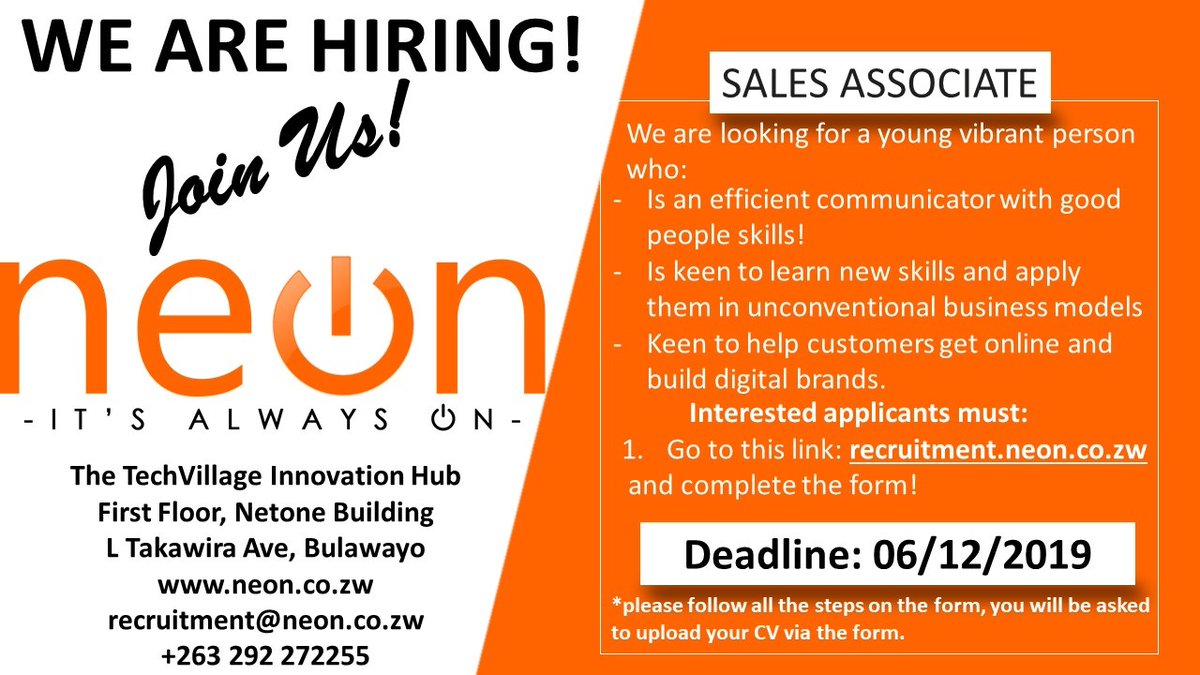 neonzw's tweet photo. We are hiring!!

We are looking for a Sales Associate who will join our team &amp; take care of our current and future clients! Interested parties should complete this form by 06/12/19: https://t.co/oMGyUr01FK. Complete the form and join our awesome team! Let's do this! #AlwaysOnZW https://t.co/H7Da0lcspo