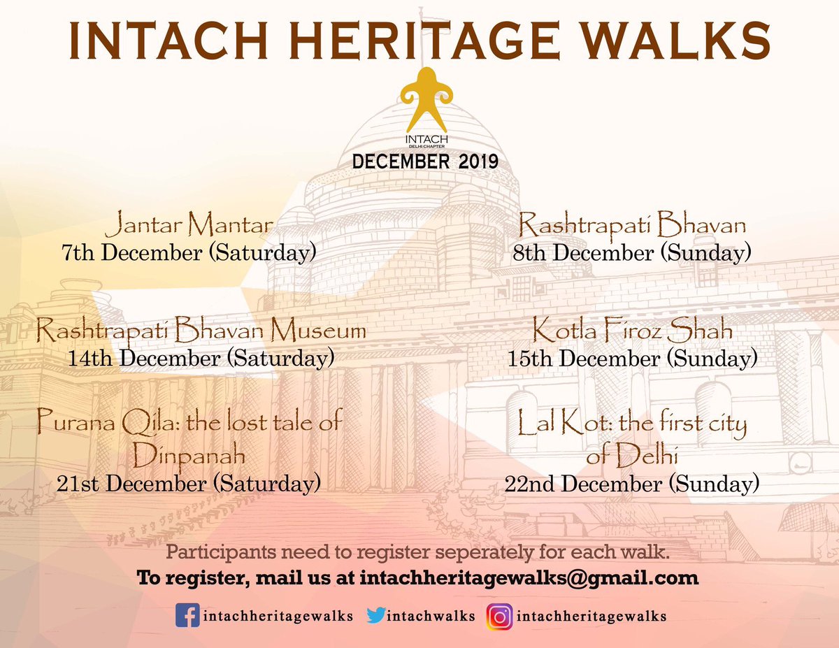 INTACH DELHI CHAPTER (@intachwalks) on Twitter photo Please check our schedule for the month of December.
To Register, please drop us an email at intachheritagewalks@gmail.com
#intachheritagewalks #intachdelhichapter #historyofdelhi #delhi #explore #eventsindelhi #walks #heritagewalks #monumentsofdelhi #history #architecture Please check our schedule for the month of December.
To Register, please drop us an email at intachheritagewalks@gmail.com
#intachheritagewalks #intachdelhichapter #historyofdelhi #delhi #explore #eventsindelhi #walks #heritagewalks #monumentsofdelhi #history #architecture