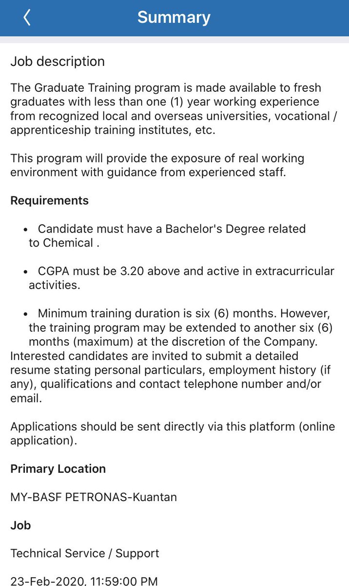 Kakak Resume On Twitter Job Vacancy In Basf Petronas Graduate Trainee Program For Fresh Graduates 1 Degree In Chemical 2 Cgpa 3 2 And Above 3 Duration 6 Months Interested Candidates Please