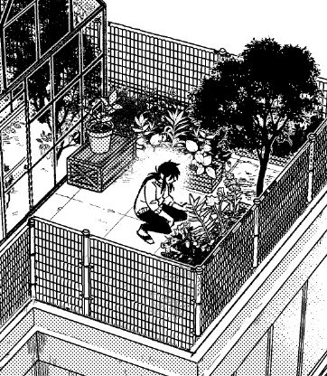 マンションの屋上で家庭菜園(??)してる蔵馬。
話の本筋には関係ないが何となく描きたくなって描いた… 