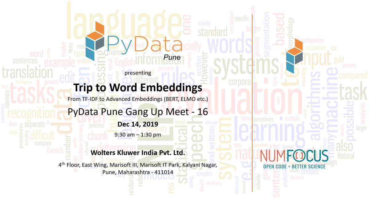 PydataPune's tweet photo. let's gang up for the final time in 2k19 with the
@PyData @Pune meetup themed on "Trip to Word Embeddings".
Scheduled for Dec 14, 2019 #WoltersKluwer
Link : https://t.co/byaObUc8QJ
#MachineLearning #DataScience #WordEmbeddings #pydatapune #pydatameetup #pydatapunemeetup #NLP https://t.co/6Vyb9R00ea