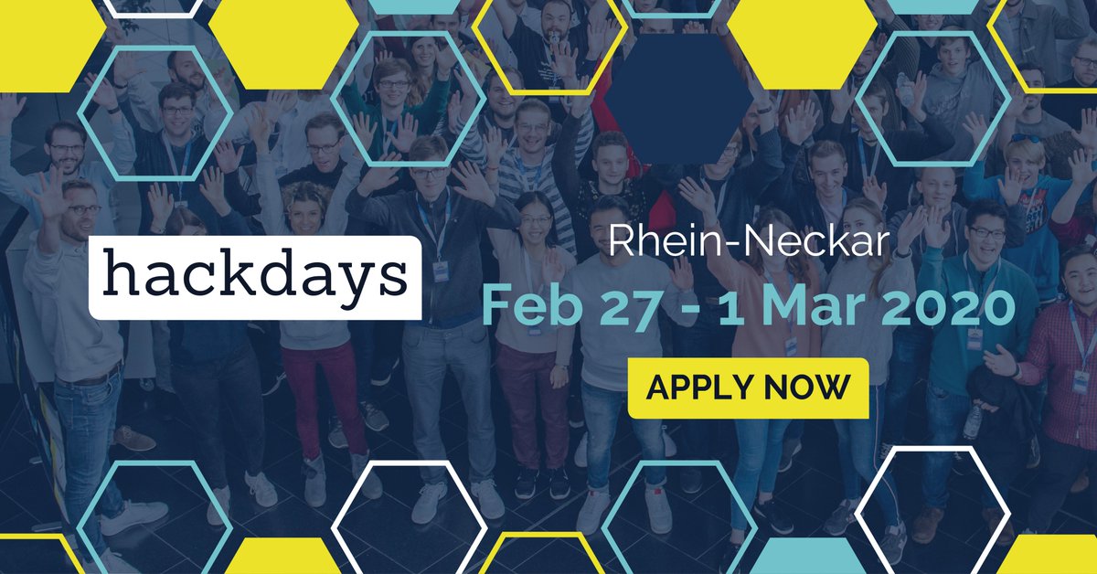 TheHackathonCo's tweet photo. #Hackdays Rhein-Neckar 2020 is happening February 27 through March 1, 2020 at  #PrintMediaAcademy in #Heidelberg with our #challenge partners @BASF, @DFB, #HeidelbergCement, @Heideldruck, #InterVersicherung, @JohnDeere, @MLP_SE, @PepperlFuchsDE and @SchwaebischHall! 🎉🎉🎉 https://t.co/wdhrwRb8ch