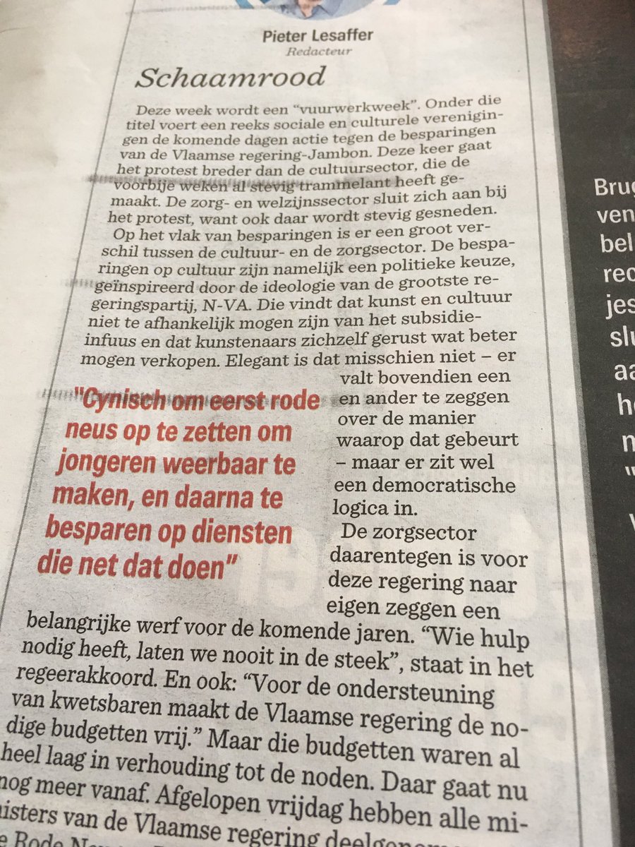 Één van de meest essentiële zaken over het beleid dit w-e.

“Een rode neus opzetten om jongeren weerbaar te maken, en daarna besparen op diensten die net dat doen”