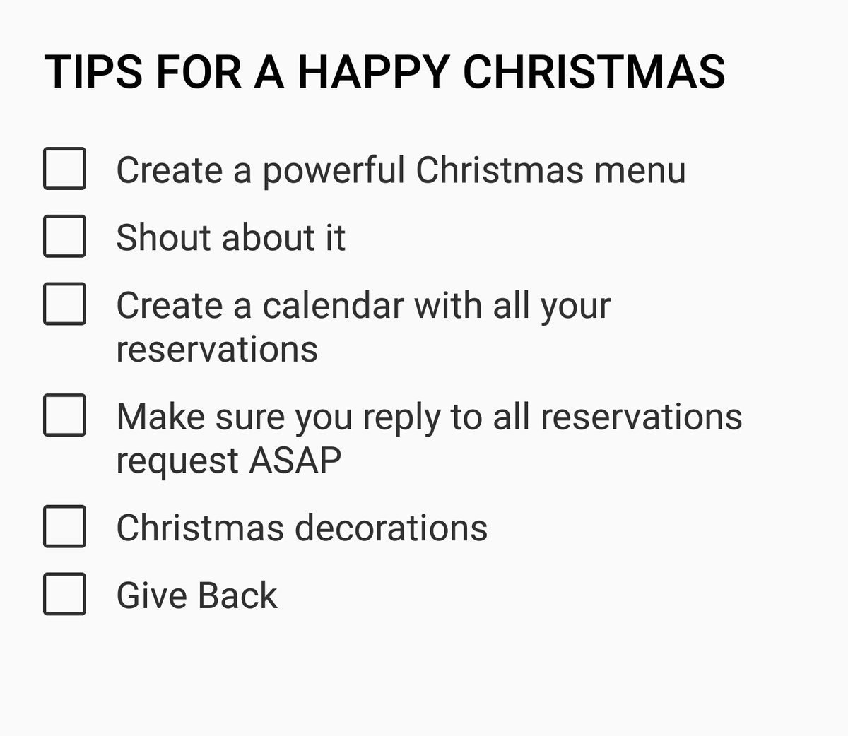 Christmas is a very busy period for everyone who works in hospitality. I'd like to leave a few tips to make the best of Christmas so all the work pays off. Hope it helps!                  See full entry here: lnkd.in/e8eaSNN 
#hospitality #restaurant #christmas