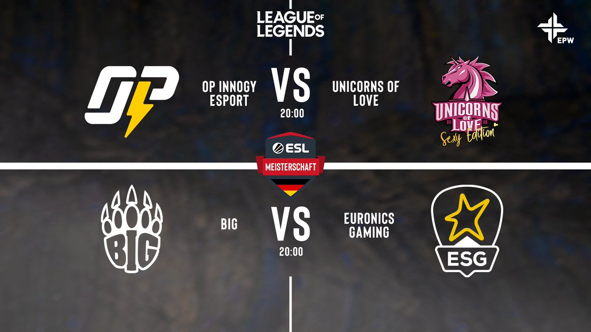 Die erste Adventswoche startet mit der <a href="/LoLGermany/">League of Legends DE</a> #ESLMeisterschaft

@OPinnogyesport 🆚 <a href="/UnicornsOfLove/">Unicorns of Love</a> 

casted by @Pixavislol 

<a href="/BIGCLANgg/">BIG</a> 🆚 <a href="/EuronicsGaming/">Loading...</a> 

casted by <a href="/N30N_TV/">Florian Bradel</a> &amp; <a href="/ProbablyCast/">Tim Weckfort</a> 

Beide Matches starten um 20 Uhr

twitch.tv/esl_epw3
twitch.tv/esl_epw