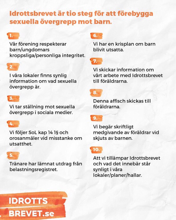 Idrottsbrevet är tio steg för att förebygga sexuella övergrepp mot barn  #treskablinoll #patriksjöberg <a href="/BRISpress/">BRIS</a> <a href="/RFidrotten/">Riksidrottsförbundet</a>