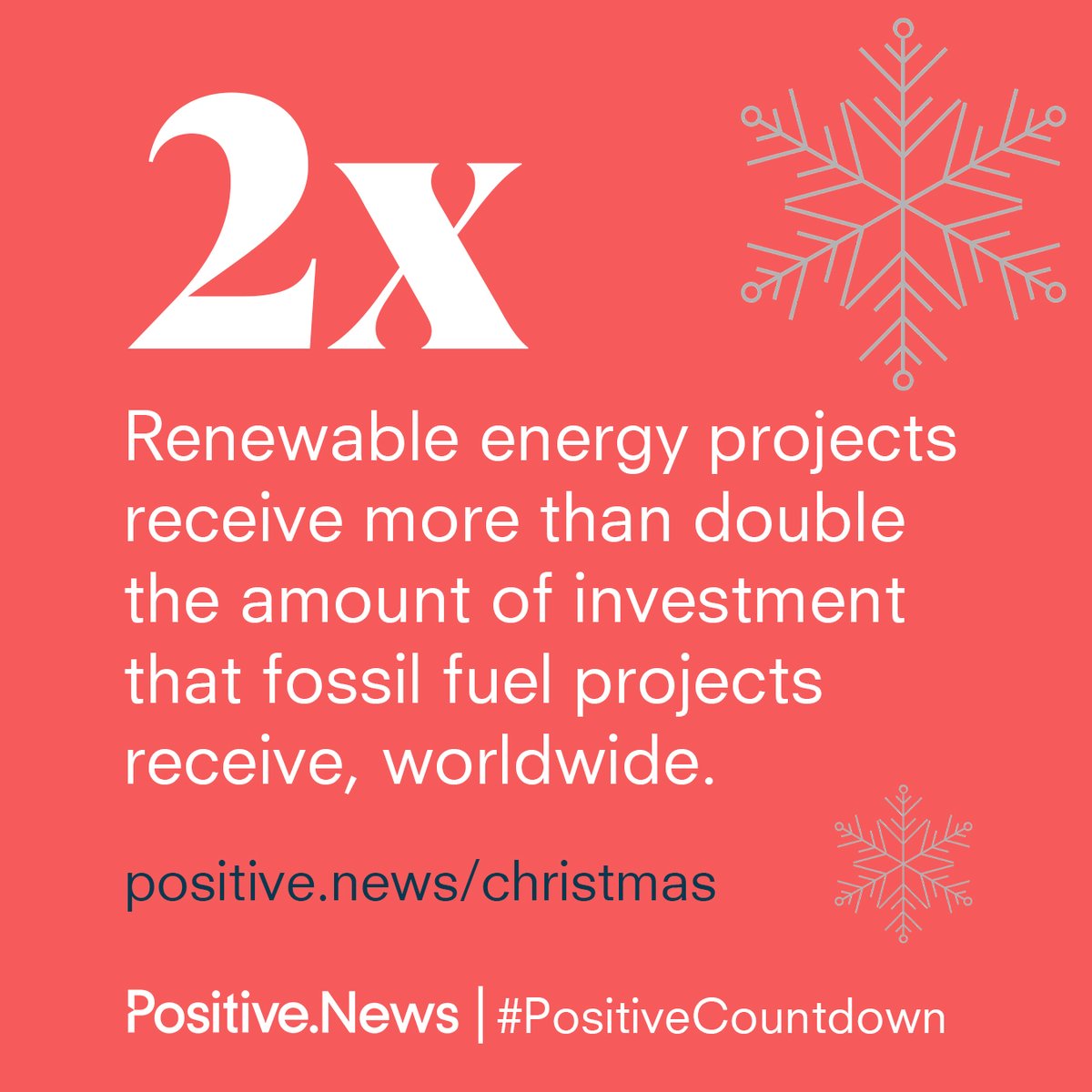 In today's #PositiveCountdown: investments in renewable energy projects continue to grow. Be the bearer of good news this Christmas with a gift subscription to Positive News magazine