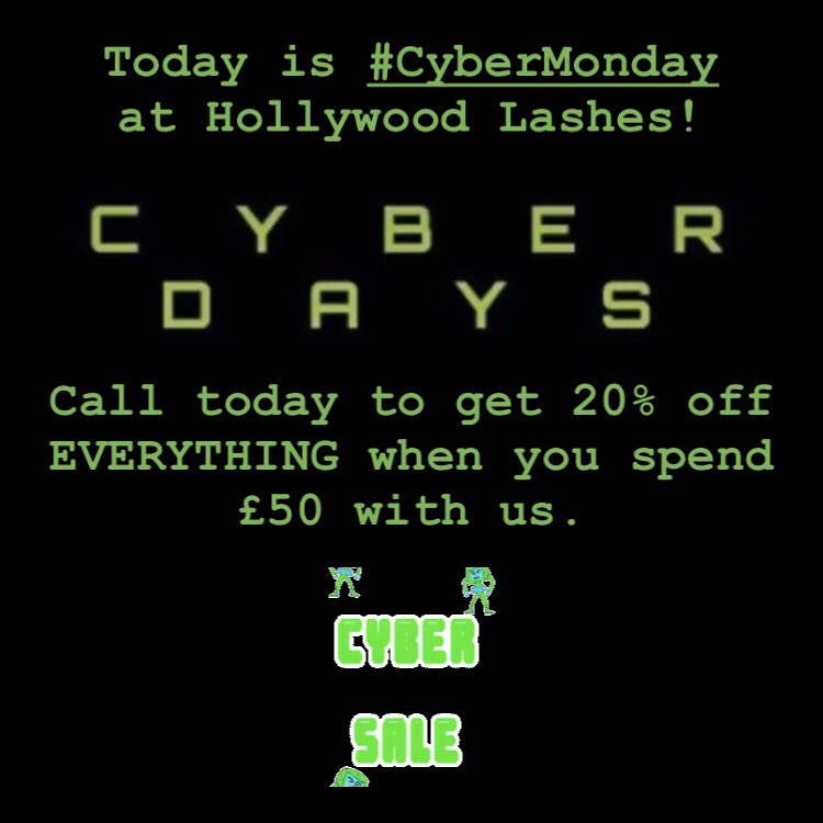 hollywoodlashes's tweet photo. #CyberMonday is here!! Call 01777322322 today to redeem 20% off ALL Hollywood Lashes products! #eyelashextensions #hollywoodlashes #sales #discount #beauty #glamour https://t.co/X8kdKNDWP7