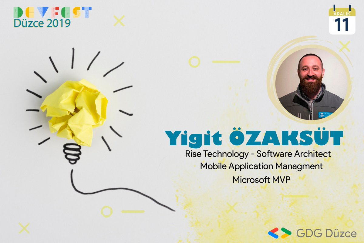 Sıradaki konuşmacımız Yiğit Özaksüt'ü sizlere tanıtmaktan mutluluk duyarız💯🎉 11 Aralık Çarşamba günü Düzce DevFest'19 da görüşmek üzere🤖🎉