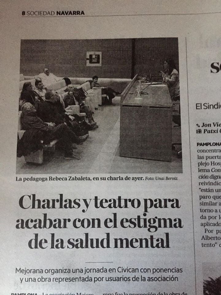 adosteatroa's tweet photo. Jornada de Activismo y salud mental organizada por Mejorana Elkartea, con proyección de nuestro espectáculo 'Que nadie camine por mi mente con los pies sucios' (DDHH a Escena 2019): 'teatro para acabar con el estigma de la salud mental'. #artesescenicas #Innovacultural2018 https://t.co/9pupDkEGNa