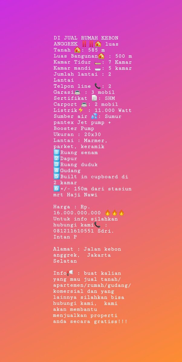 infosinerland's tweet photo. Buat kalian yang mau tanya2 silahkan hubungi 081211610551-Intan untuk penawaran harga dan survey lokasinya Trimakasih 🙏🙏
#jakarta #dkijakarta #properti #jaksel #jaktim #jakbar #jakpus #jakut #dijual #news #hariini #bagus #cocok #hunian #sangatnyaman #viral #kekinian #siaphuni https://t.co/fbwxAX3Ba3