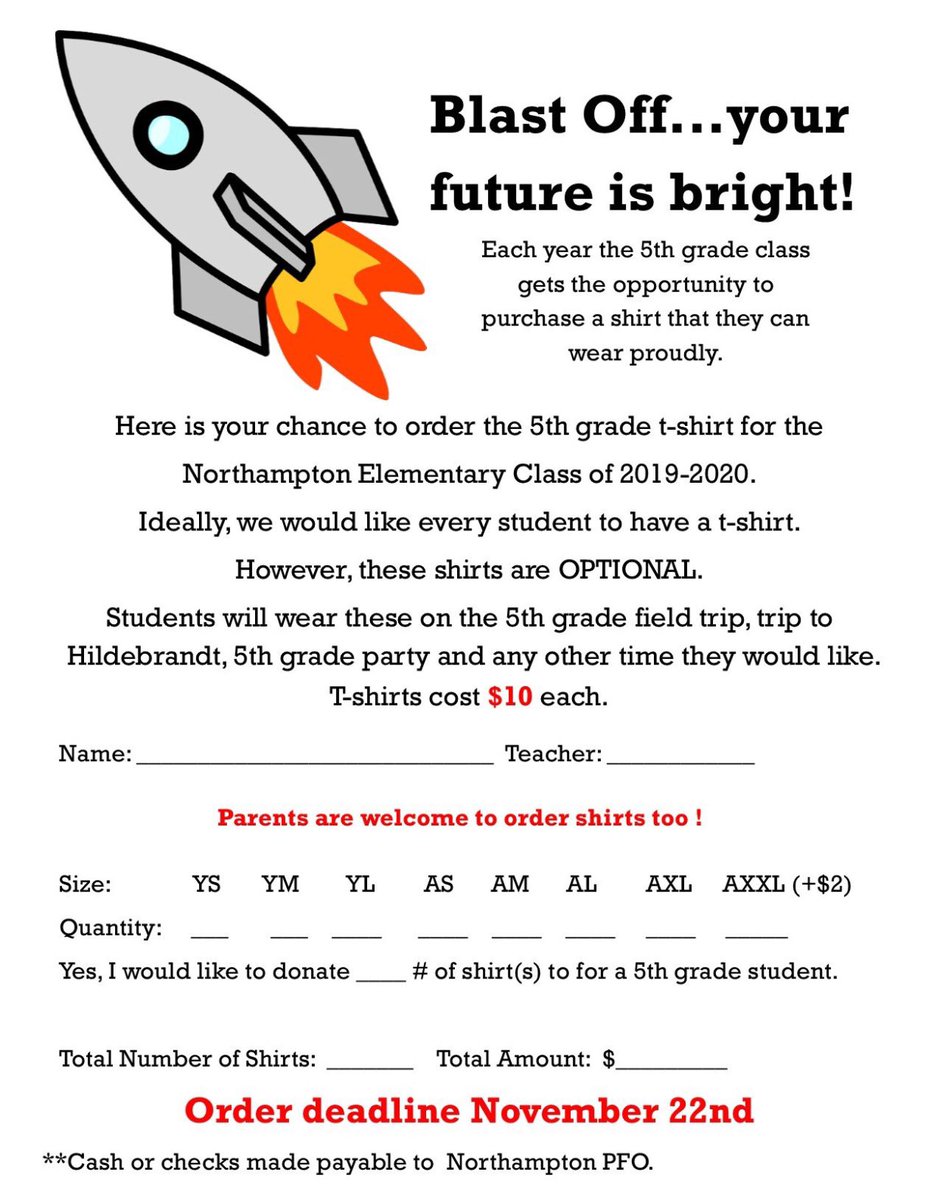 5th GRADE SHIRT DEADLINE EXTENDED ONLY 3 MORE DAYS
The fifth t-shirt deadline has been extended until Wednesday, December 4th.  Turn your money in no later than Wednesday to ensure your fifth grader will have a class shirt.