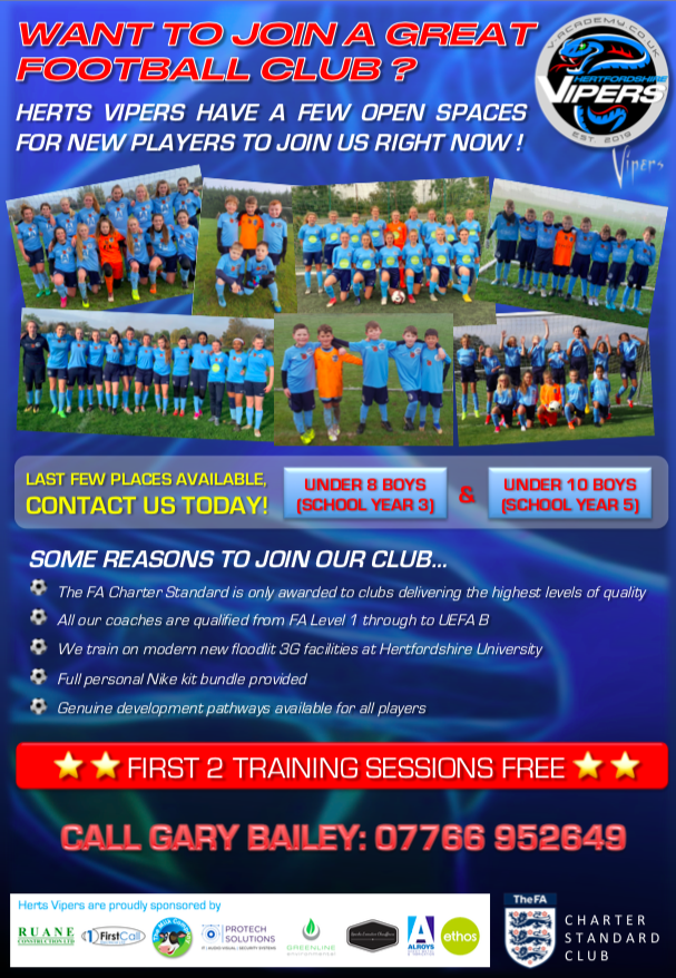 HertsV's tweet photo. Year 3 and Year 5 boys wanted for our friendly, talented football teams - last few places!

https://t.co/3V7hUv5yFk
#VipersFamily https://t.co/xqqPfb5qQY