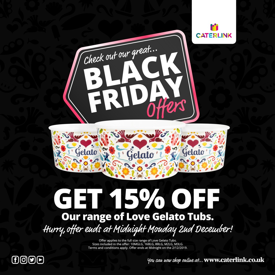 CallCaterlink's tweet photo. Last Chance Today! Your Black Friday Offer Starts Now! 🖤 Get 15% off the price list when ordering any of our Love Gelato Tubs! Offer runs until Midnight Monday the 2nd of December #blackfriday #greatdeal #savenow #lovegelato #tubs #packaging #design #icecream #gelato #caterlink https://t.co/EZG7AyYQof