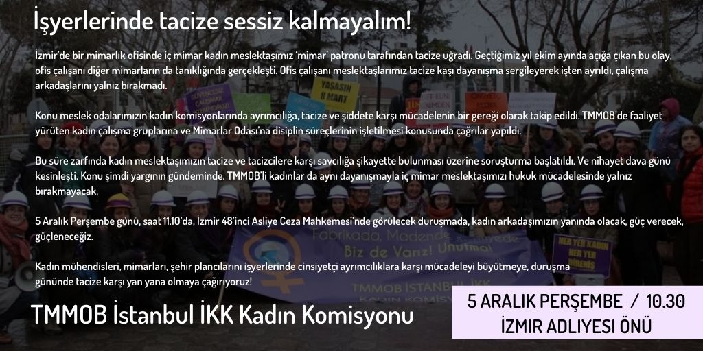 tmmob_kadin_ist's tweet photo. Tacize karşı 5 Aralık perşembe İzmir'de arkadaşlarımızın yanındayız. Yaşasın kadın dayanışması. https://t.co/164O71nKLV