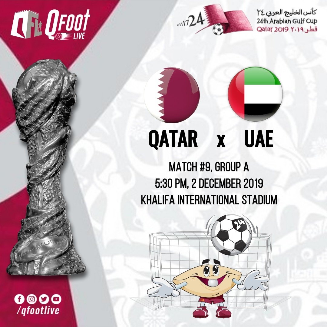 QFootLive's tweet photo. Matchday Monday! 🇶🇦

Huge clash coming up in under four hours, as Qatar face the UAE in their last and decisive #GulfCup2019 group game. The winner goes through to the semifinals!  

Today's the day Qatar won the 2022 WC bid and it's also UAE's national day.. #extraspecial 😉 https://t.co/W1CvAdu8pZ