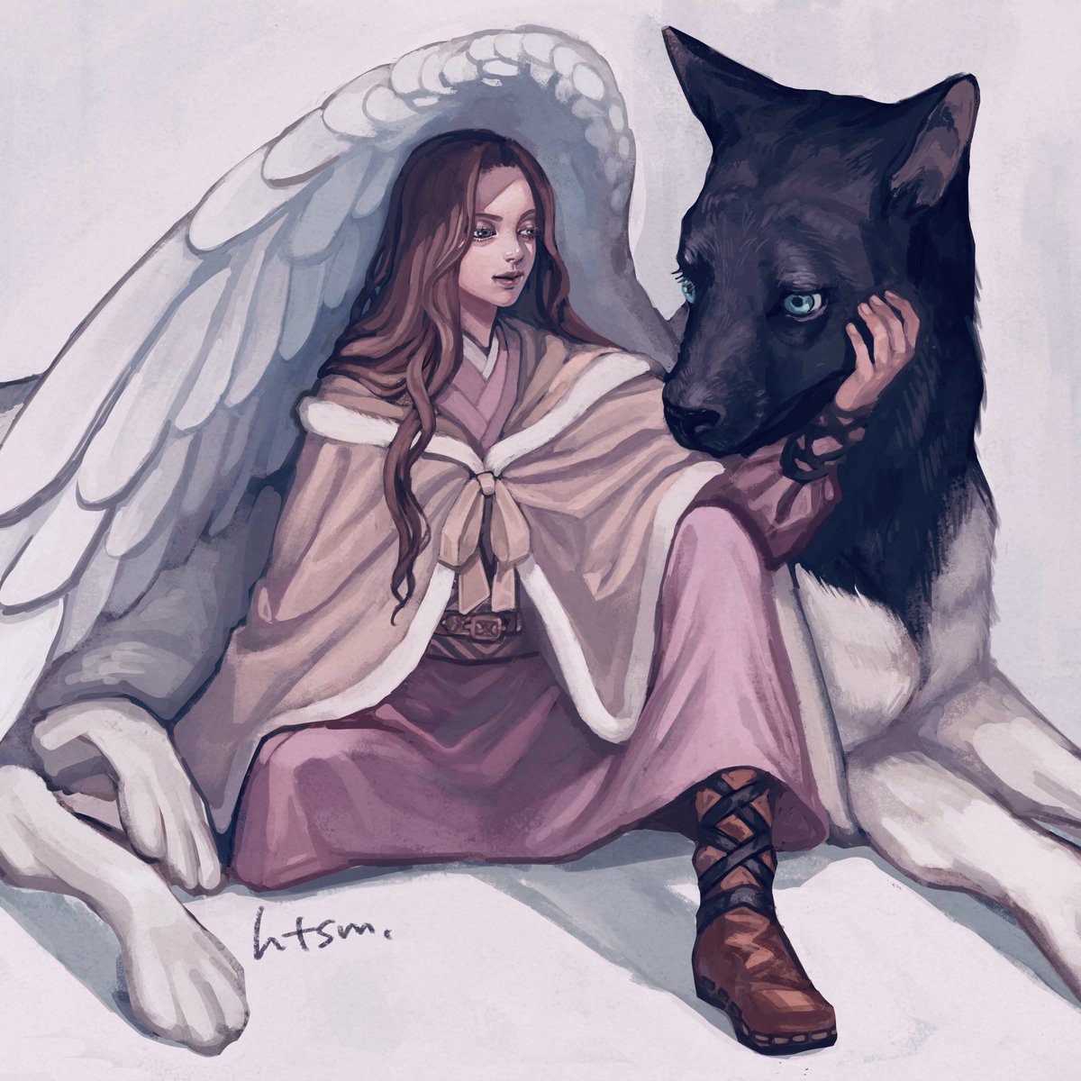 1girl brown hair long hair sitting wolf boots signature  illustration images