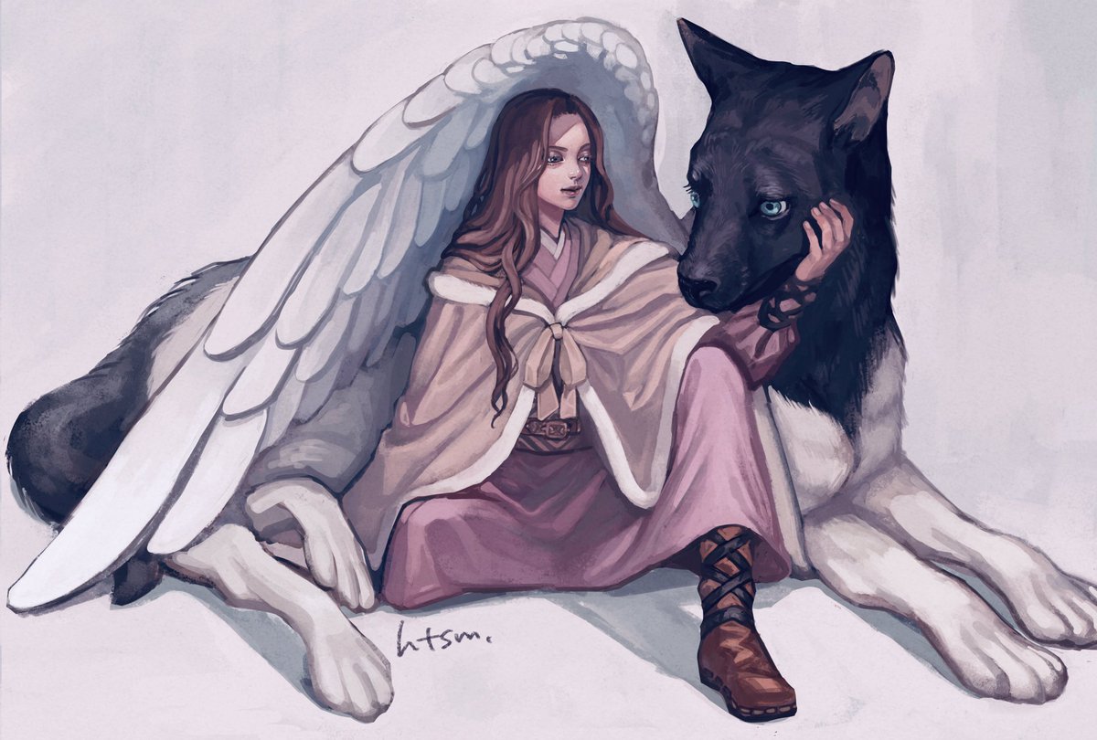 1girl brown hair long hair sitting wolf boots signature  illustration images