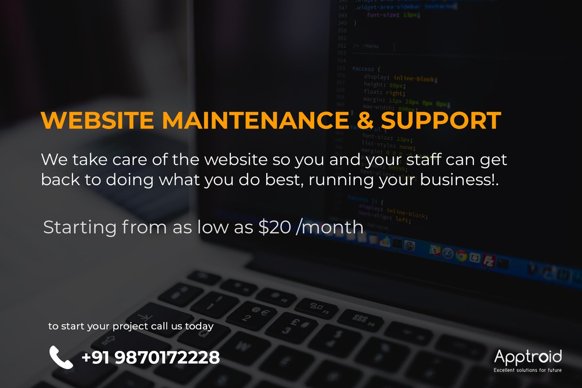 ApptroidTech's tweet photo. Website Maintenance &amp; Support
We take care of the website so you and your staff can get back to doing what you do best, running your business!

Starting from as low as $20 /month
https://t.co/eNSzqd0lOW

Call: 9870172228
Email: hello@apptroid.com https://t.co/neLTf9uo79