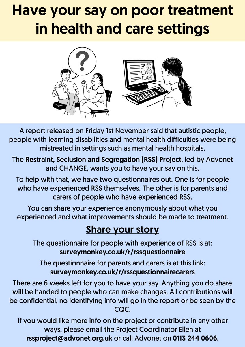 Restraint, seclusion & segregation- your stories (@lsegregation) on Twitter photo Have you or anyone you care for been #restrained, #secluded or #segregated in a #carehome? If you would like to share your experience anonymously, please take our questionnaires at these links: surveymonkey.co.uk/r/rssquestionn…; surveymonkey.co.uk/r/rssquestionn… <a href="/changepeople_/">CHANGE</a> <a href="/AdvonetUK/">The Advonet Group</a> Have you or anyone you care for been #restrained, #secluded or #segregated in a #carehome? If you would like to share your experience anonymously, please take our questionnaires at these links: surveymonkey.co.uk/r/rssquestionn…; surveymonkey.co.uk/r/rssquestionn… <a href="/changepeople_/">CHANGE</a> <a href="/AdvonetUK/">The Advonet Group</a>