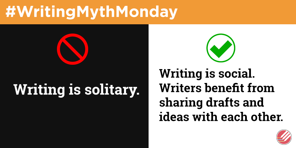HCWEMiami's tweet photo. Today's #WritingMythMonday is the myth that writing is solitary. In reality, writing is social. It's also a good reminder that, as we approach finals week, you can schedule a writing center appointment to talk with us about your writing: https://t.co/BouxYuwG57 https://t.co/vXiWxIU7jd