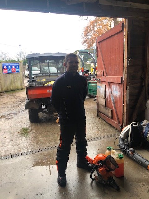 Sebastian, very happy putting his chainsaw qualification to work on a cold and frosty day. #woodland management <a href="/ReadingBlues/">ReadingBlues</a>