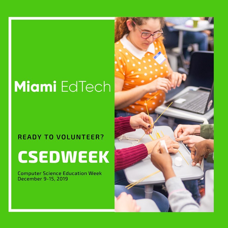 iGregoryJohnson's tweet image. It's happening, teaming up with @MiamiEdTech to bring techies to schools across Miami-Dade County for CSWeek. Teachers were trained through @Microsoft and @CodeArtMiami. 40 schools and 50+ teachers.
They are looking for volunteers to help:  bit.ly/csedweekvolunt…