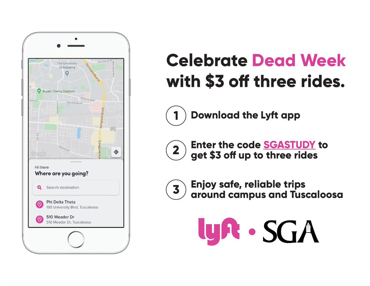The External Affairs cabinet is excited to announce a new expansion in our partnership with Lyft! 

SGA is making safe rides even more accessible to students during Dead Week with a new discount code: SGASTUDY. Use this code for $3 off on up to three rides between 10pm-2am M-F.