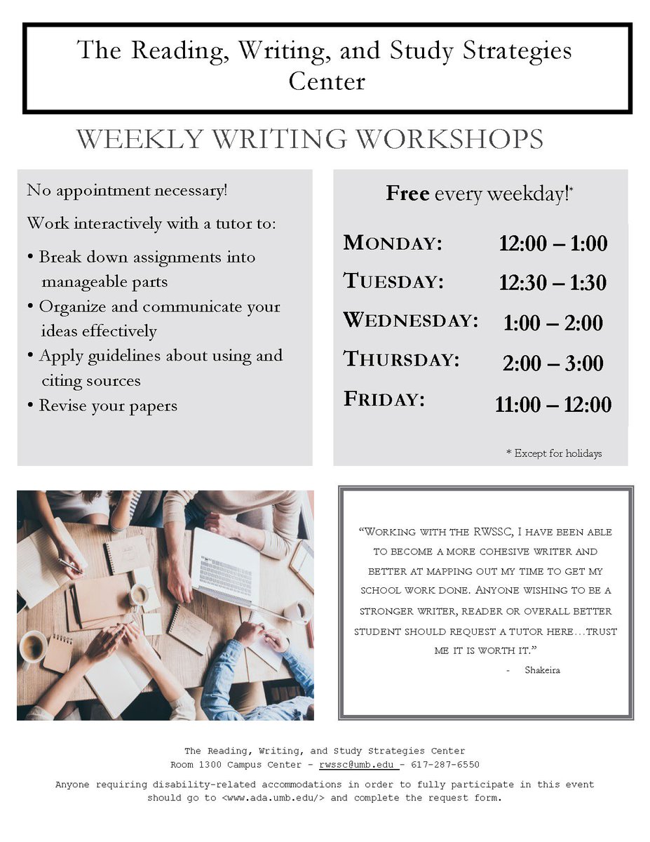 It's the week of workshops at the RWSSC! In addition to our Weekly Writing workshops Mon-Fri, we have Navigating Stress and Oral Presentation Workshops throughout the week! Check the attached pictures to find a time.