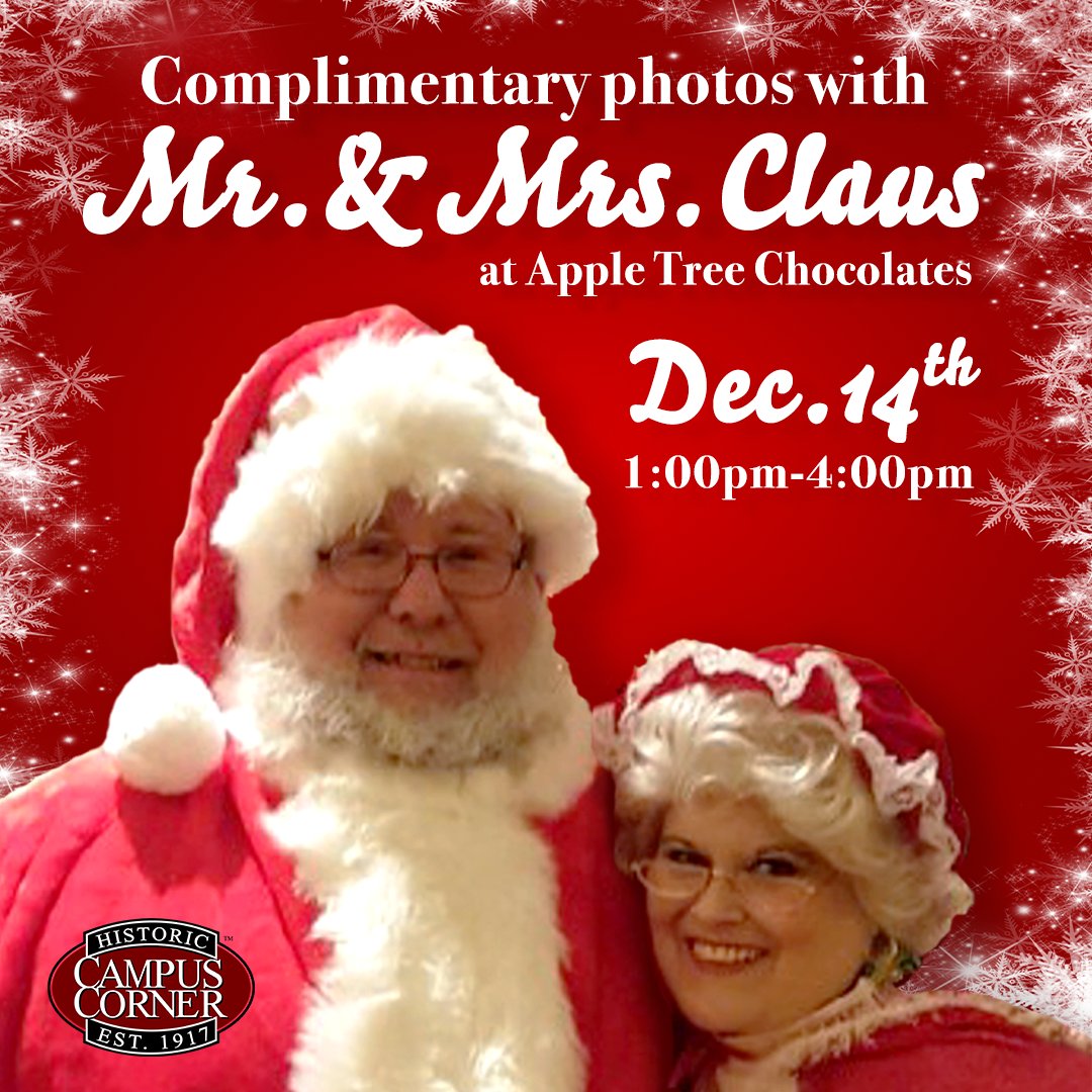 Come get your photo taken with Santa and Mrs. Claus! Holiday Shopping discounts are available at merchants around Campus Corner.