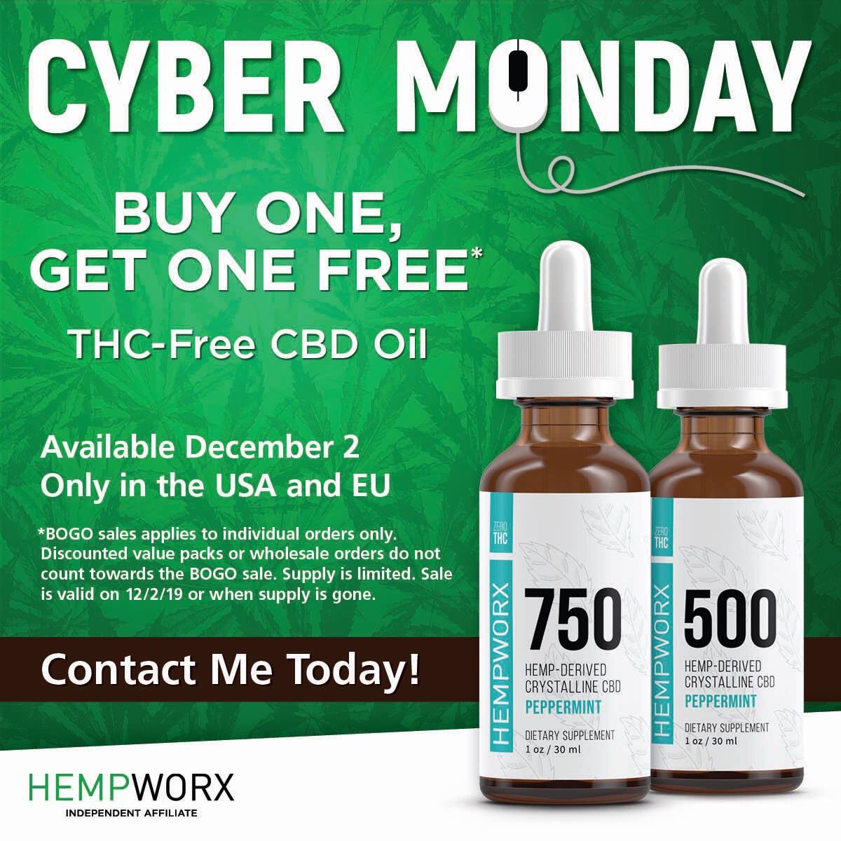 HolisticGroupie's tweet photo. Cyber Monday Special! Buy 1-Get 1 Free! The Best CBD Oil with NO THC!
On sale today only, stock up on the purest CBD oil with NO THC. This refreshing peppermint flavor comes in two concentrations: 500mg &amp; 750mg.

➡️ Go to https://t.co/imCzgqpjCW to place orders
#CyberMonday2019 https://t.co/gQM6X4UYSL