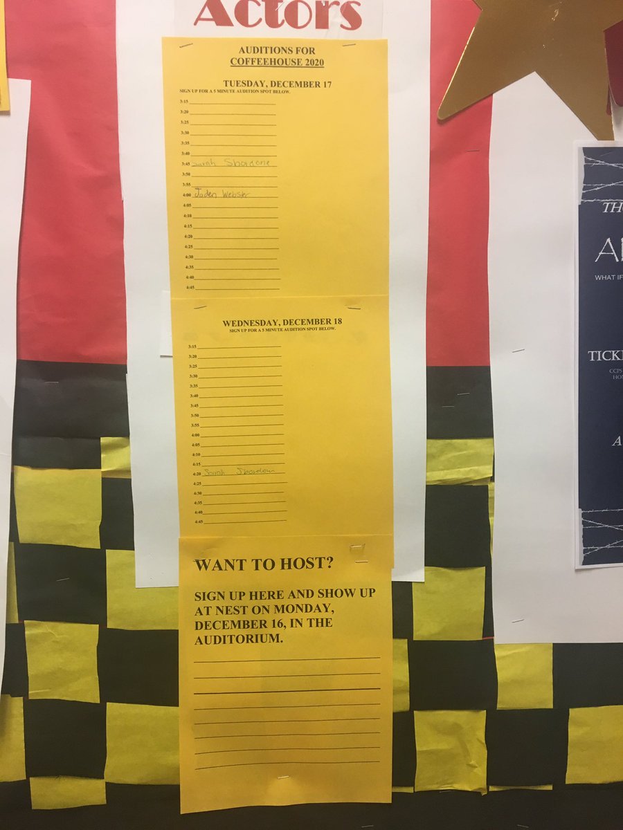 Coffee House sign up sheet is up. Auditions dates are December 17th and 18th. Hosting auditions are December 16th during nest!