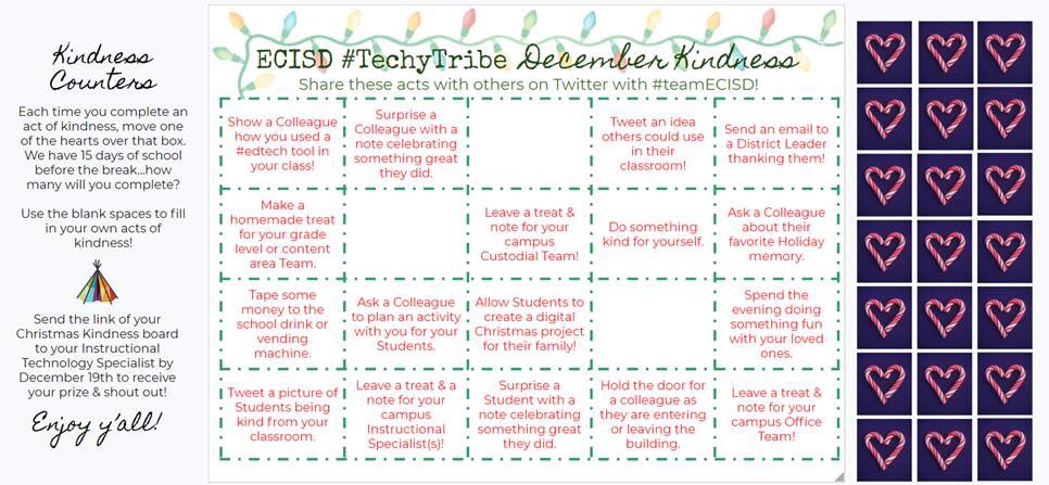 TechECISD's tweet photo. Happy Monday #teamECISD! We want to keep the kind going & have a little fun doing it...with our own version of the Advent of Kindess!
Click here to get your copy: https://t.co/VO67mBQlEX
How many “Kindness Counters” will you move?!? #edtech #edchat #tlap #bekind #edutwitter https://t.co/KO6lXp8zAj