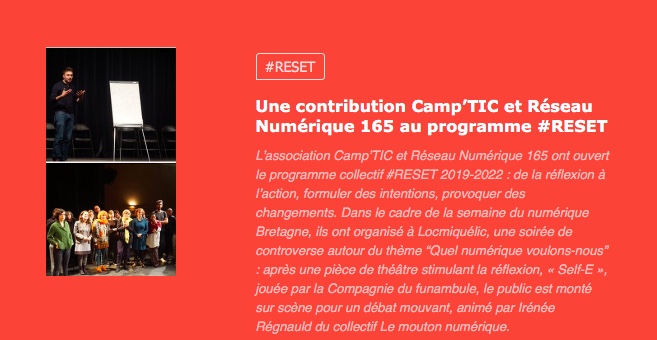 Fin novembre, nous avons contribué à #reset #reset2019 de <a href="/la_fing/">Fing</a> avec <a href="/LeRN165/">Réseau Numérique 165</a> et <a href="/MoutonNumerique/">Le Mouton Numérique</a> #semainedunumérique  Premier étape d'un nouveau travail coopératif sur le territoire <a href="/LorientAgglo/">Lorient Agglo</a> nous l'espérons