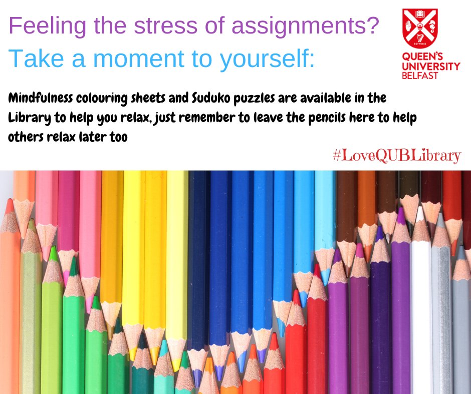 QUBLibrary's tweet photo. Feeling the pressure, take a few mins to relax!  As requested colouring sheets and Sudoku puzzles available in the student lounge #QUBMcClay #QUBBiomedicalLibrary #QUBMedicalLibrary https://t.co/fk9f6H3DHR