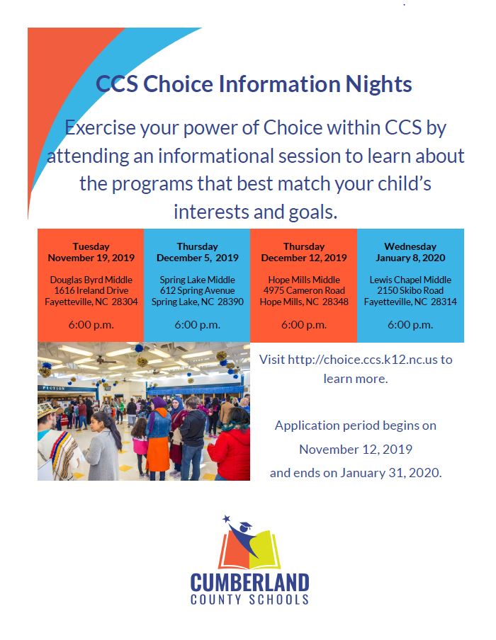 CCSChoice1's tweet photo. If you are in the Spring Lake area on Thursday, December 5, at 6:00 pm come to @SLMSBronco to learn more about @CumberlandCoSch Choice Programs for the 2020-2021 school year. https://t.co/HiJXmC7v3n