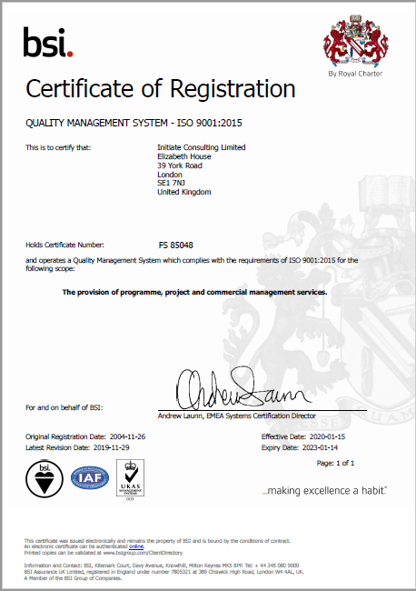 Initiate Consulting Ltd, part of the PDSI group, are please to confirm the result of a recent audit by BSI. We passed the audit with no non-conformities raised and have been re-certified against ISO 9001:2015 for further 4 years. pdsiconsult.com/initiate-audit…