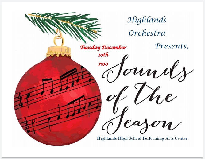 HOrchestras's tweet photo. Last year many asked to be informed of the Highlands Orchestra Holiday performance. It is next Tuesday, Dec 10 at 7:00 in the Highlands Performing Arts Center. Free admission @FTSchools @FtThomasMatters @FTHighlandsHS https://t.co/FhsSmY703o