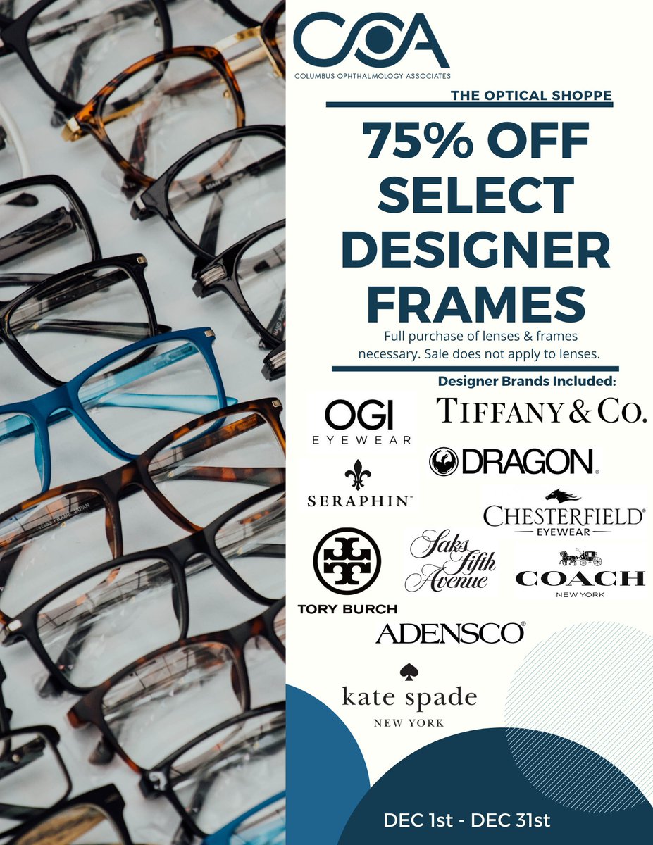 COAVision2020's tweet photo. Don't miss this amazing sale happening Dec 1st - 31st at the Optical Shoppe of COA! Both our East and Dublin Optical will be having this sale. Also, don't forget it is flex spending season! Get a great deal on frames and use your flex spending before time runs out! https://t.co/pDrF0Un9Vl