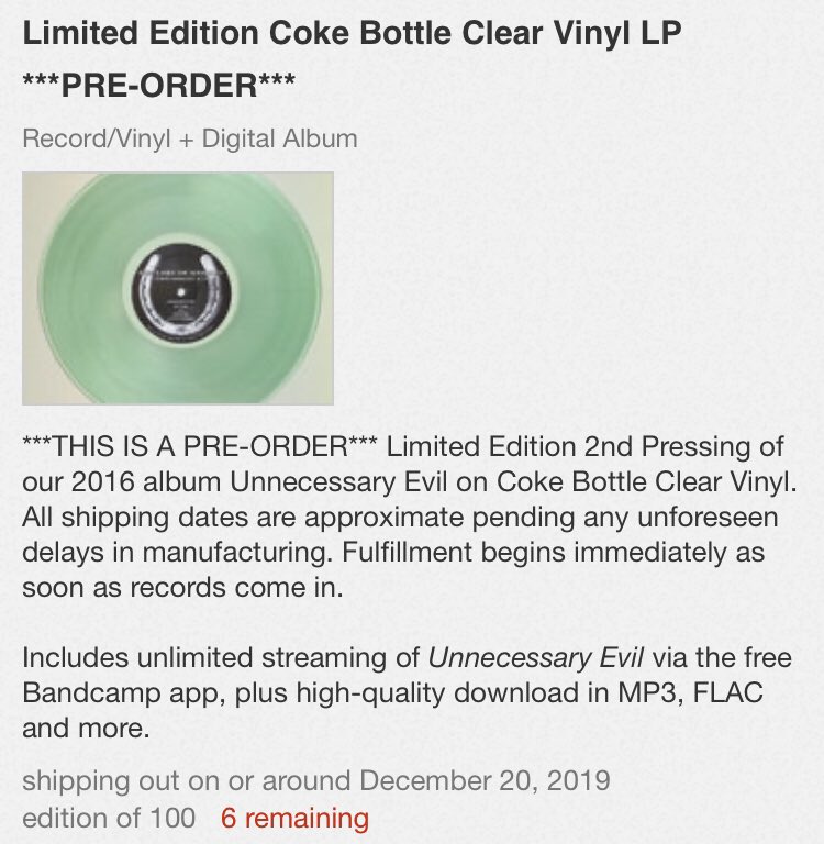 TheLeesOfMemory's tweet photo. Just givin' a heads-up, there are only 6 of these guys left.
Fulfillment starts tomorrow.
https://t.co/7T4d6qiK3C #UnnecessaryEvil #SecondPressing #CokeBottleClearVinyl #JohnDavisbrandMusic #FullDIY https://t.co/eKTkNemoaR