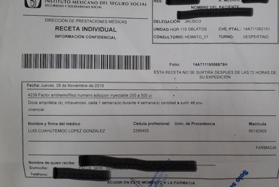 HemofiliaJal's tweet photo. Por favor @Tu_IMSS @zoerobledo @DavidRazu otra receta más sin surtir en HGR110 nuestros medicamentos son #soportedevida #hemofilia. ¿Está garantizado el CPM de diciembre? Insisten en tratar esto como casos específicos y es evidente qué hay desabasto @LAQC @HemofiliaMexico https://t.co/5rLxalChpa