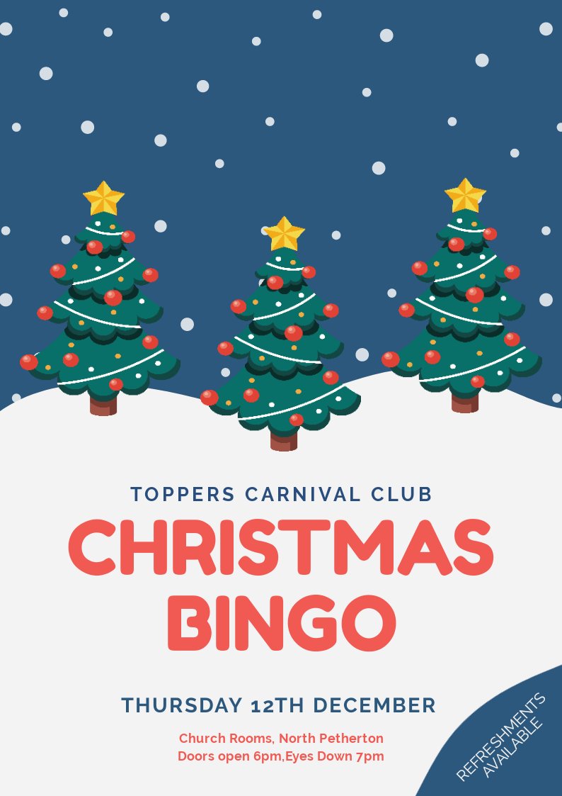 Toppers_cc's tweet image. Come and join us 12th December for our special Toppers Christmas Bingo. Lots of prices to be won! Doors open 6pm,eyes down 7pm. Church Rooms, North Petherton. #bingo #toppers_CC #christmas #2019