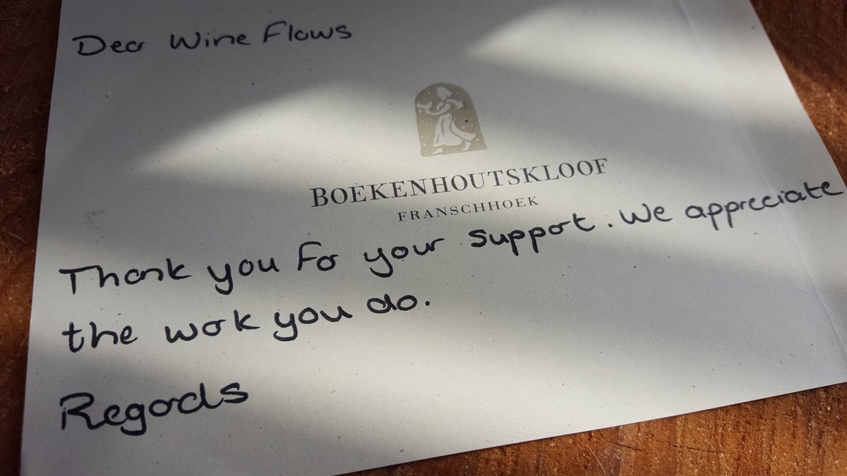 FlowsWine's tweet photo. It's amazing how a few small handwritten words can make four #consumers fall in love with a #brand forever. 

Thank you #BoekenhoutskloofWinery @the7chairs. Your #wines rock! And reading this tells us your team rocks too. #winelovers #wine #winetime #wineflows #pourwine 🍇🍷🧐 https://t.co/rL358PInzX