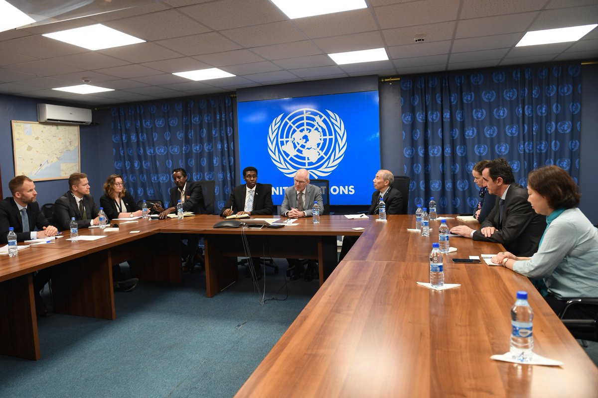 UNSomalia's tweet photo. In #Mogadishu today, @UN envoy to #Somalia James Swan and international partners reaffirmed their support for 2020 'one person, one vote' elections in meetings with @NIECsomalia commissioners and Minister of Internal Security Mohamed Abukar Islow ‘Duale.’ https://t.co/IyrG68Fa41