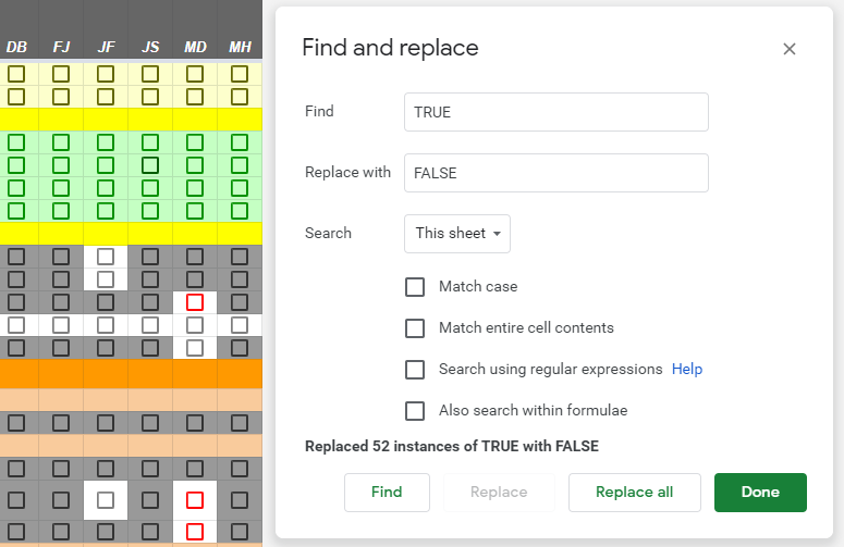 mhawksey's tweet photo. You can use 'Find and replace' in Google Sheets to update tick boxes. To untick all boxes you can find TRUE and replace with FALSE
#GoogleSheets #SheetsTip #GoogleEDU #GSuite https://t.co/h0Ux534QCE