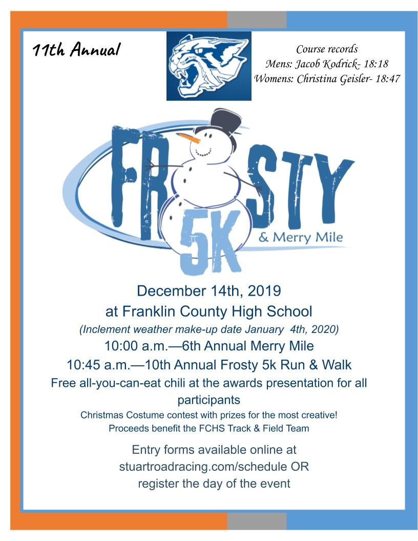 FCBleacherBums's tweet photo. Come out and support the FCHS Track Team on Sat. December 14th for the 2019 Frosty 5K! Race starts at 10:45, and there is a chili lunch + award ceremony for all participants. Register online (https://t.co/IeDcJWtrOY) or see a track member for more info! #TrackIsCool πͺπββοΈ https://t.co/6MZZxqmFnV